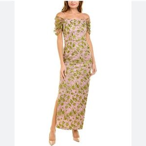 NWT JS Collections Lavender Green Vine Embroidered Maxi Gown 16